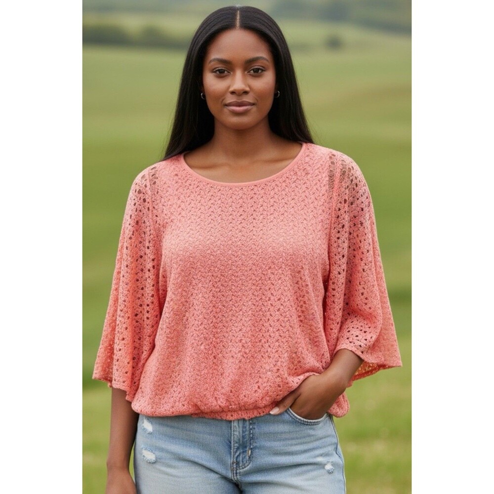 Roz & Ali Women’s Size 2X Peach Lace Overlay Flare Sleeve Blouse Boho Festival